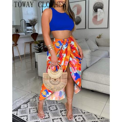 Summer Women Plain Crop Top & Strap Print High Slit Maxi Skirt Set
