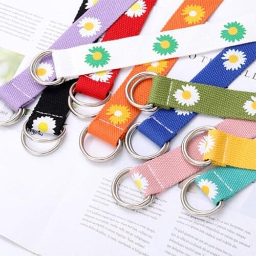 Fashion ladies belt double ring buckle printed flower canvas belt wild student daisy jeans belt female