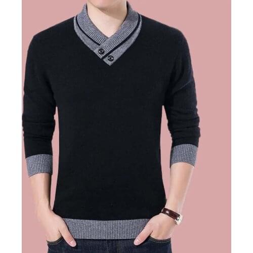 Men Autumn V-Neck Pullover Sweater Buttons Slim Knitted Tops Fashion Clothing Patchwork Long Sleeve Casual Knitwear Pull Homme