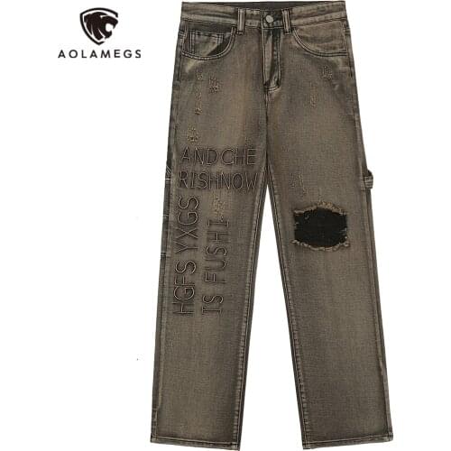 Aolamegs Jeans Men Letter Embroidery Hole Ripped Denim Pants Male Vintage Punk Hipster High Street Loose Jeans Autumn Streetwear