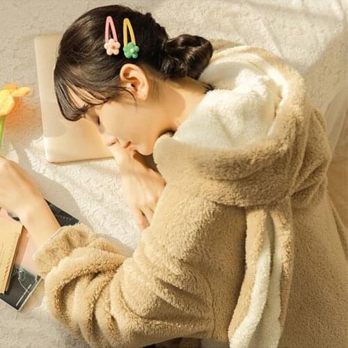 2020 new autumn winter women Pajamas two-piece elastic band single-breasted loose thick warm Coralline Hooded home service W20