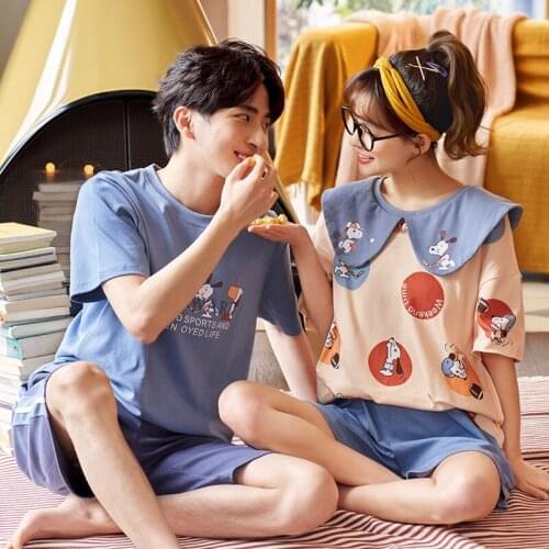 Couple Pajamas Womens Summer Pure Cotton Thin Short Sleeve Suit Fresh Loose Young Mens Homewear Set