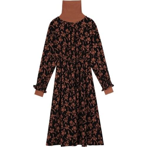 PERHAPS U Women Vintage Orange Turtle Neck Floral Print A-line Dress Elegant D2203