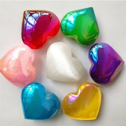 Natural White Selenite Crystal Heart Gypsum Electroplated Colorful Aura Plaster Ore Heart For Decorations