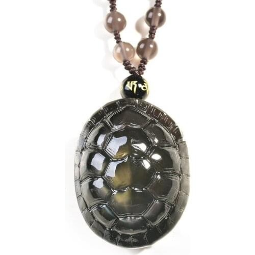 Drop Shipping Ice Black Natural Obsidian Stone Turtle Pendant Necklace Lucky for Men Chain charms Fashion Jewelry JoursNeige