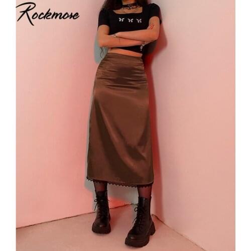 Rockmore Brown Y2K Vintage Lace Satin WomenS Midi Skirt Harajuku Straight Split Long Skirts Korean Fashion Goth Clothes Summer