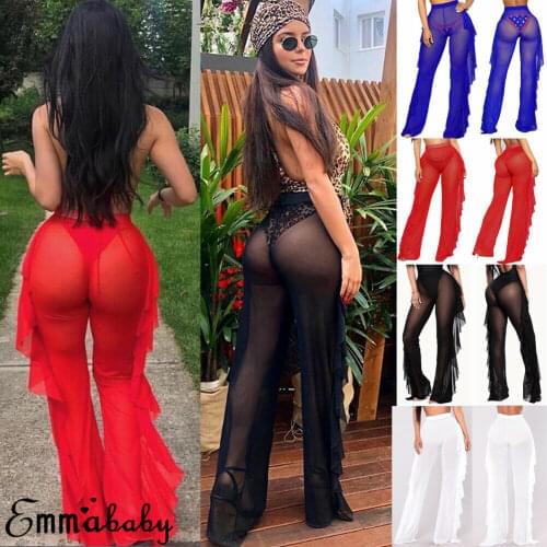 Sexy Women See-through Mesh Ruffle Bottoms Pants Bikini Cover Up Plus Size Loose Long Trousers Beachwear Swimwear Swimsuit