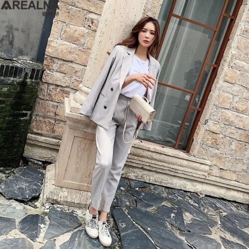 Spring Autumn 2 Piece Set Women Suit Blazer and Pants Uniform Double Breasted Jacket + Elastic Waist Pants Office Lady Work Suit