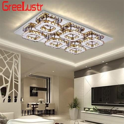 Modern Amber/Clear Crystal Ceiling Chandelier Light Fixture Square Mirror Steel Indoor Ceiling Lamp Lustres De Techo Lamparas