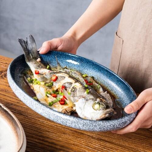 Fish plate ceramic steaming fish plate creative loading fish plate household special plate for chop pepper fish head plate set