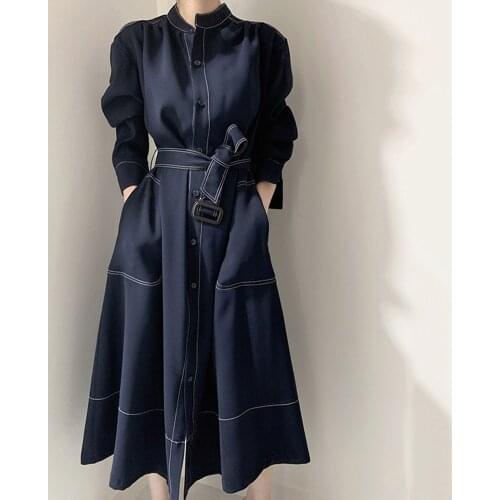 New Autumn Winter Elegant Women Loose Solid Trench Coat Blue Stand Collar Trench Coat With Belt Women Plus Size Trench Jacket