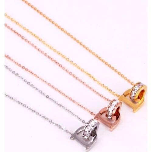 Fashion Stainless Steel Love Full Crystal Round Circle D Letter Pendant Necklaces Rose Gold Color Women Lady Party Gift