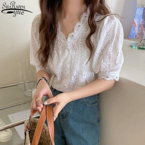 2021 Korean V-neck Lace Shirt Hollow Out Embroidery Chiffon Shirt Women Vintage Single-breasted Short-sleeved Shirt Woman 13802