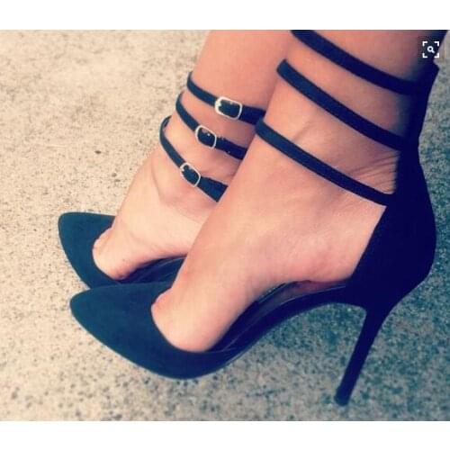 Green and black contrast color ankle buckle thin heel women pump pointed toe cutouts high heels women summer shoes woman free sh