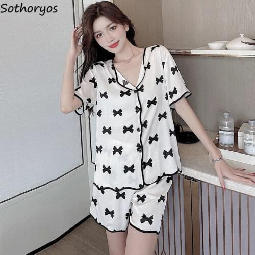 Women Pajama Sets Short Sleeve V-neck Tops Bow Printed Shorts Slender Cozy White Fresh Students Sleepwear Females Lounge Popular