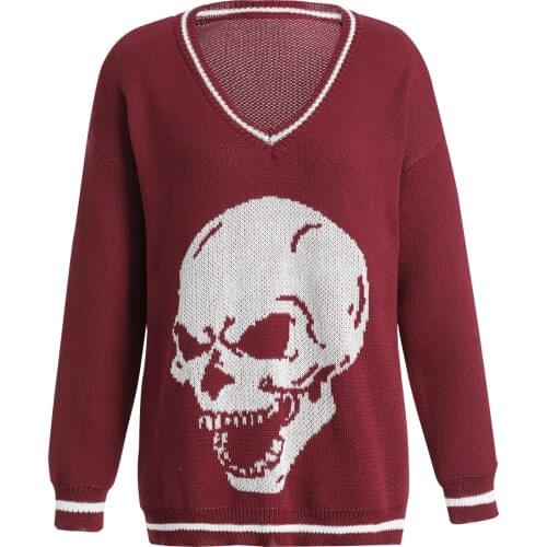 Women Halloween Sweater Adults Casual Skull Print Long Sleeve V-neck Knitwear (Wine Red) Spring And Autumn 2021 Hot Pullovers