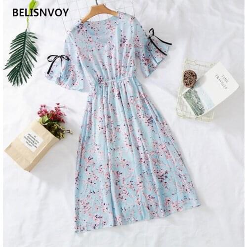V-neck Chiffon Floral Printed Summer Women Maxi Dress Korean Sweet Bow Ruffles Flare Sleeve Vestidos Elegant Female Dresses