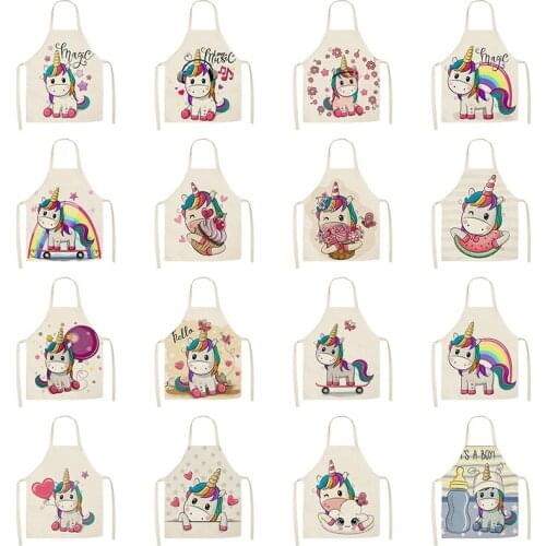 1Pcs Kitchen Apron Cartoon Unicorn Music Printed Sleeveless Cotton Linen Aprons for Men Women Home Cleaning Tools 55*68cm