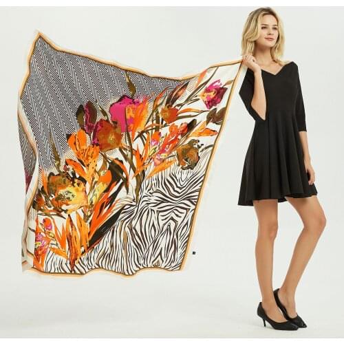 130*130cm Large Hijab Scarves For Women Twill Silk Shawls and Wraps Floral Print Neck Scarf Female Square Shawl Scarf For Ladies