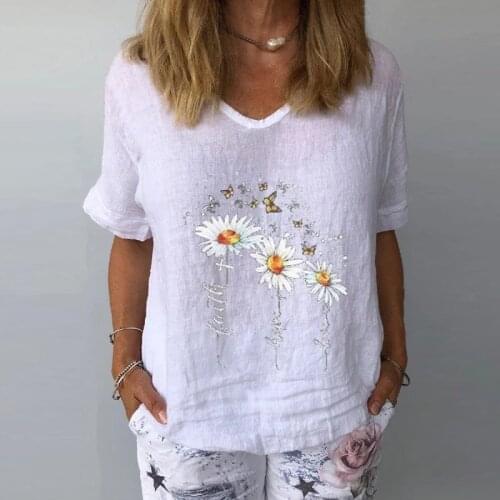 2021 Fashion Ladies Shirts Summer Linen Casual Short Sleeve V-Neck T Shirt Plus Size Daisy Print Casual Tees Top For Girl Female