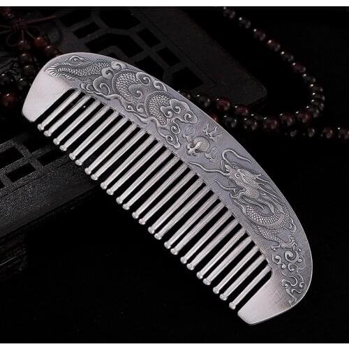 999 Full Silver Retro Dragon Play Pearl Heart Through Comb Silver Comb