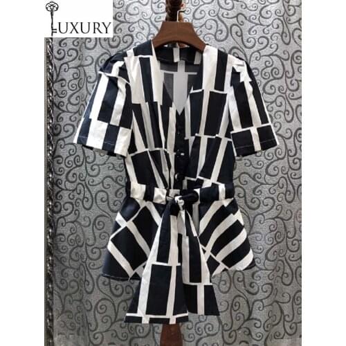 Spring Summer Fashion 2020 Sexy Blouses Women V-Neck Black White Color Block Prints Drawstring Waist Short Sleeve Casual Shirts