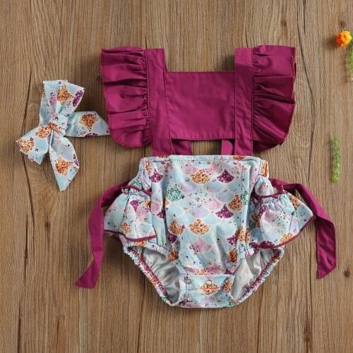 Baby Print Square Collar Ruffle Fly Sleeve Bodysuit with Bowknot Headband 2 pcs Set for Girls 0-24 Months