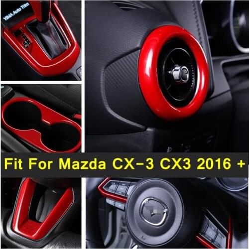Lapetus Interior Refit Kit For Mazda CX-3 CX3 2016 - 2020 Steering Wheel Gear Shift / Water Cup Holder Cover Trim Red Style ABS