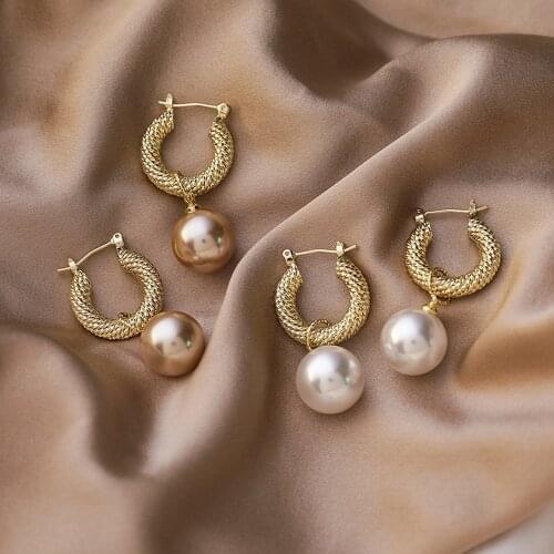 Korean New Trendy Metal Circle Big Simulated Pearl Ball Drop Earrings For Women Fashion Jewelry