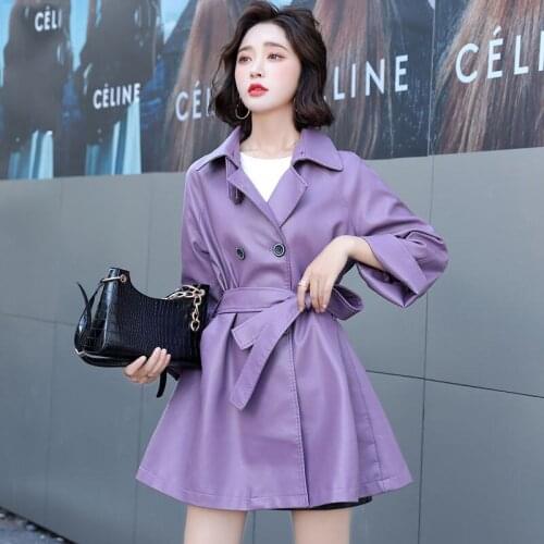 Leather Jacket Womens Mid-length 2021 Autumn New Korean Belt Waist Plus Size Casual Ladies Black PU Leather Coat Trend aq887