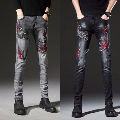 Men’s high quality embroidery slimming jeans 3D Chinese dragon gray jeans stretch denim pants mens classic black casual jeans