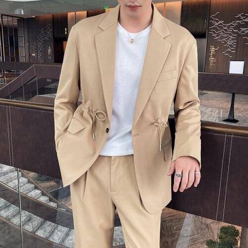 2021 Autumn new Korean Suit for Men Casual Loose 2 Pcs Set Blazer Pants Fashion Drawstring Waist Suits Male Groom Costume Homme