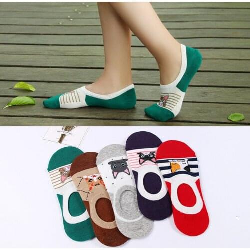 5 Pairs Women Cotton Ankle Socks Spring Summer Soft Comfortable Sock Cartoon Cat Striped Candy Color Happy Casual Boat Socks