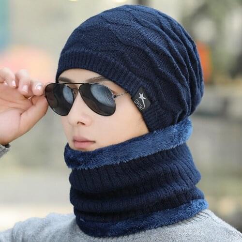 New Mens Winter Knitted Hat Fashion Soft High Quality Add Fur Lined Cap Male Thick Neck Protective Warm Hat