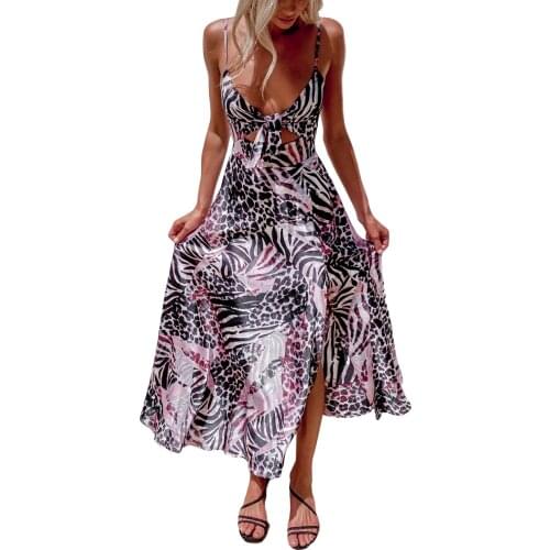 Women Summer Slip Dress, Leopard Print Spaghetti Strap V-Neck Hollow Long Brace Skirt with Side Slit for Girls