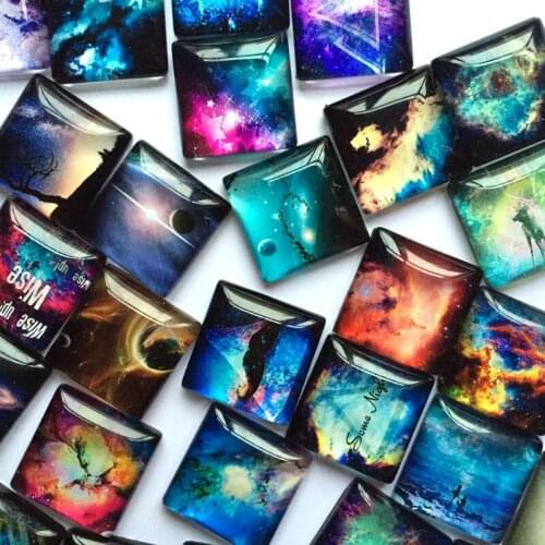 ZEROUP 50pcs/lot clear square glass cabochon starry sky pattern mixed color fit cameo base setting 10mm 12mm 15mm