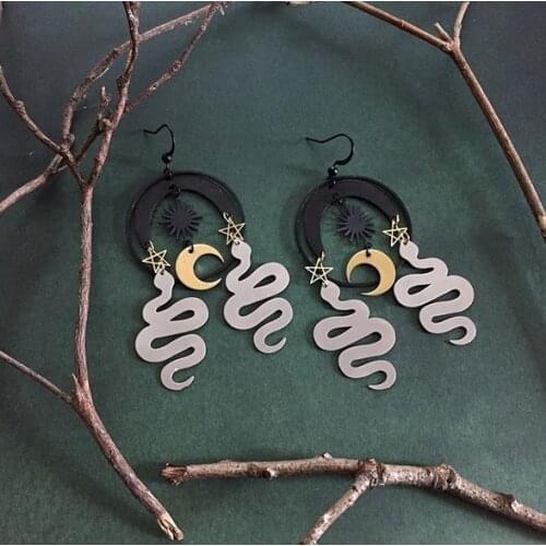 Ouroboros Snake earrings with Sun and Moon and Stars, Occult Handmade - Serpentinecreative - Witchy - Goddess - Snake - Gift