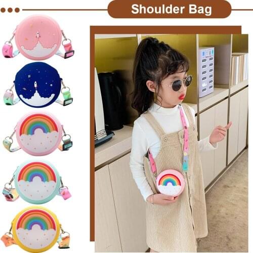 Childrens Messenger Bag Adjustable Wide Strap Travel Handbag New Kids Crossbody Bag Girl Cartoon Round Rainbow Donut Printed