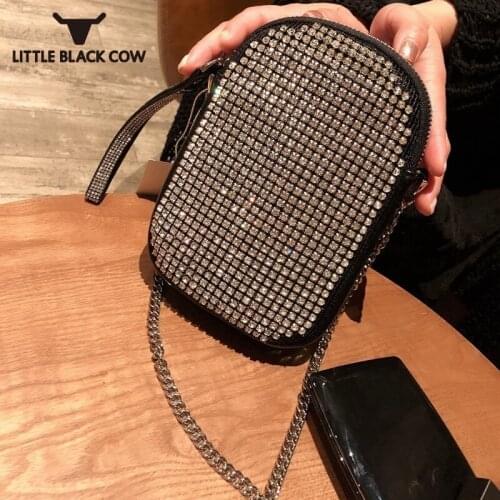 Bags Women New Chain Fashion Diamond Rhinestone Clutch Shoulder Crossbody Bag Female Black Pu Leather Zipper Mini Bag