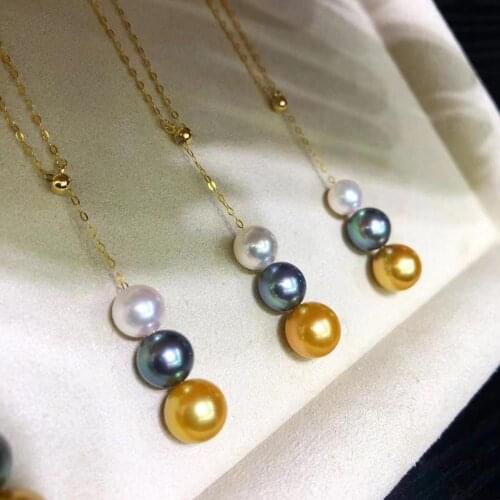 D427 Pearl Necklace Fine Jewelry Solid 18K Gold Round 6-9mm Natural Fresh Water Golden White and Black Pearls Necklaces