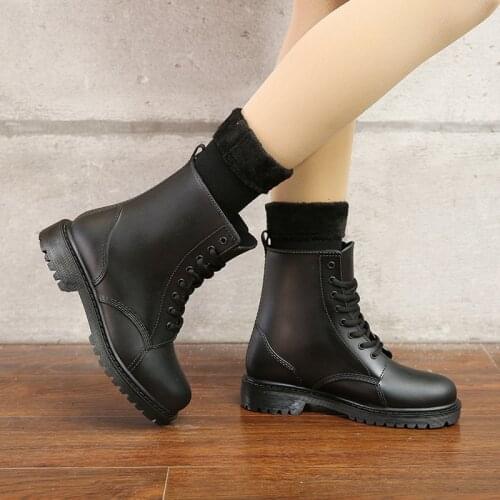 Womens Fashion Rainboots Waterproof Shoes Woman Mud Water Shoes Rubber Lace Up PVC Ankle Boots Sewing Rain Boots Plus Size