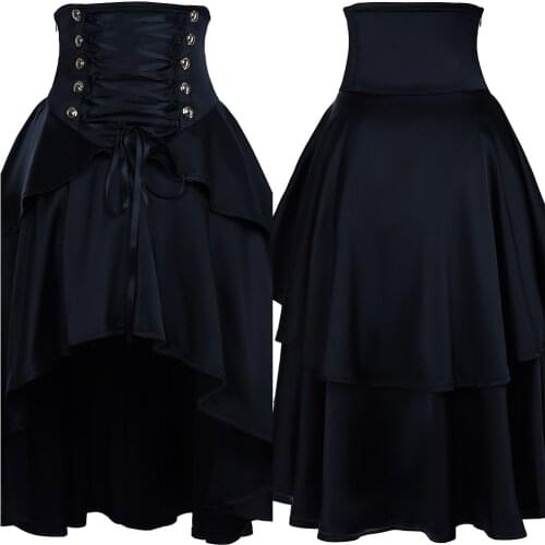 Women Ladies Gothic Steampunk Skirt Costume Retro Vintage High Waist Long Dress Ruffle Burlesque Skirt Black