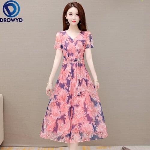 2021 Beach Pink Print Midi Dress Women Summer Fashion Short Sleeve V-neck Bodycon Chiffon Dress Elegant Boho Sexy Party Vestidos