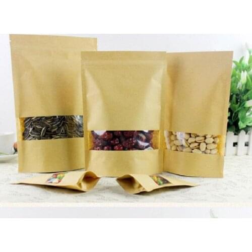 12*20+4 Food Moisture Barrier Bags Packaging sealing pouch Brown Kraft Paper Doypack Pouch with clear Window