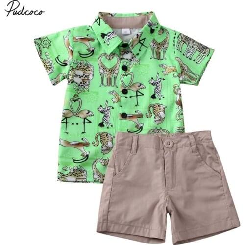 2020 Baby Summer Clothing 2PCS Toddler Kids Baby Boy Gentleman Short Sleeve Shirt Tops+Pants Shorts Animals Clothes Outfits Set