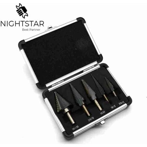 5pcs Step Drill Bit Set Hss Cobalt Multiple Hole 50 Sizes SAE Step Drills Metal Drilling Woodworking Tools w/Aluminum Case