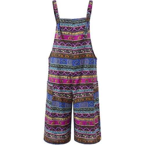 80% HOT SALES！！！Women Retro Sleeveless Printed Pockets Bib Overall Jumpsuit Wide Leg Capri Pants