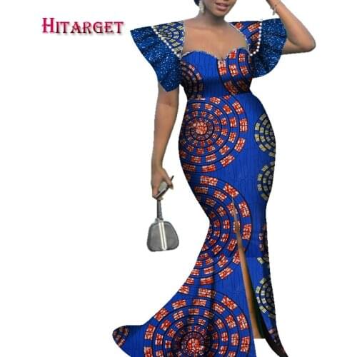 2020 African Clothes Dashiki Deep V Neck Mermaid Long Dress Slit To The Thigh Sex Party Dress Bazin Riche WY7613