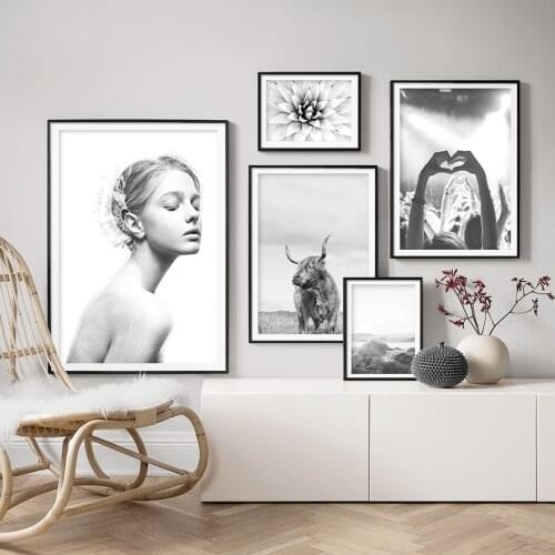 Flower Fashion Girl Yak Landscape Nordic Posters And Prints Wall Art Canvas Painting Black White Wall Pictures For Living Room