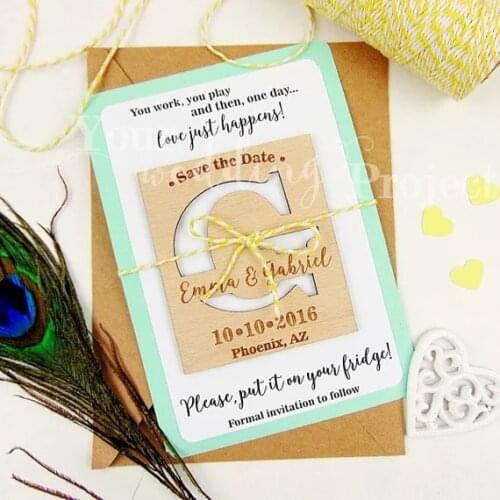 Personalize names date engraved Wooden Card save the date Wedding invitations Magnets, Initial Save the Date invites